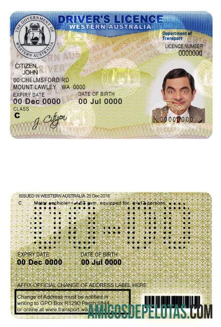 Carteira de motorista da Austrália Ocidental exemplo